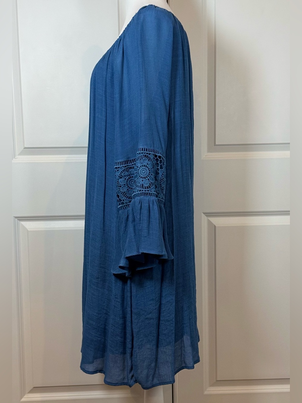 Blue Boho Peasant Beach Resort Coastal Casual Crochet Bell Sleeve Tunic Dress 2X - Picture 3 of 8
